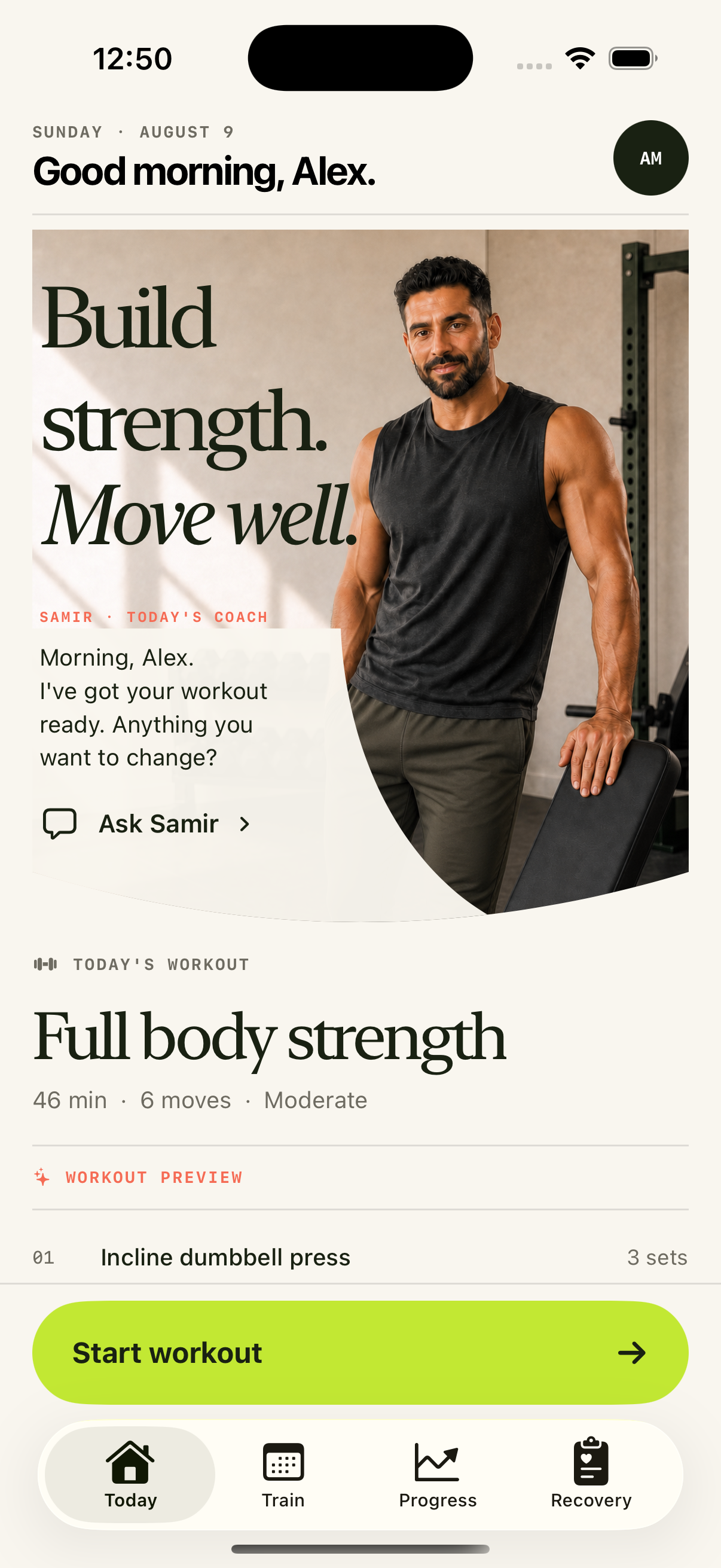 ALTA Today screen with a coach and full-body strength workout