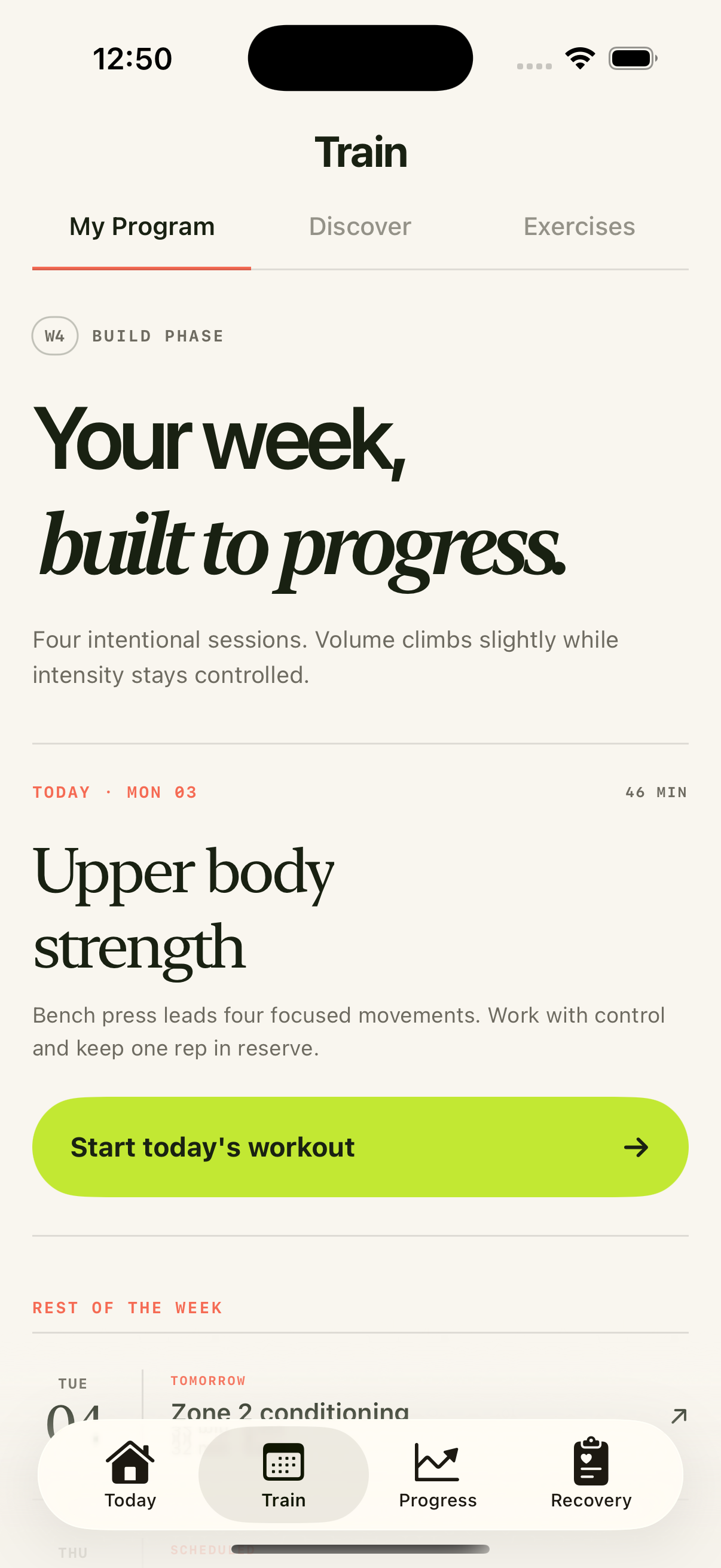 ALTA My Program screen showing a weekly strength schedule