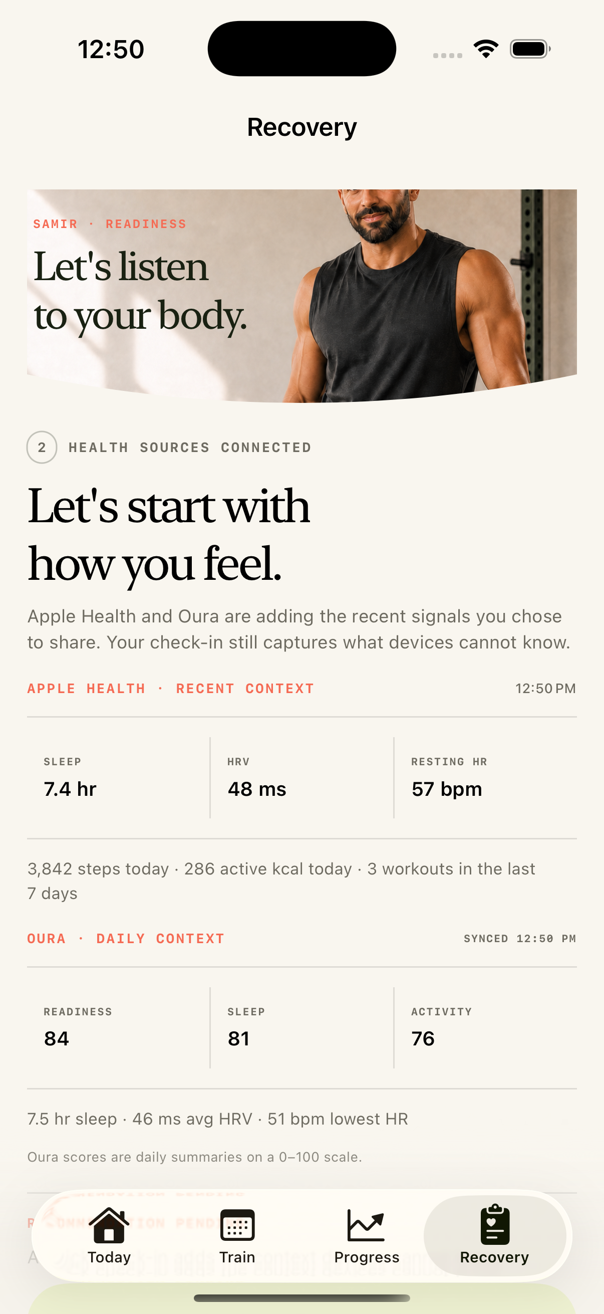 ALTA Recovery screen showing optional Apple Health and Oura context
