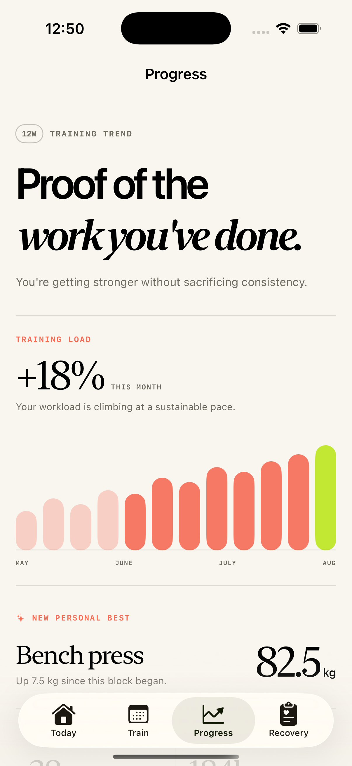 ALTA Progress screen with training load and personal bests