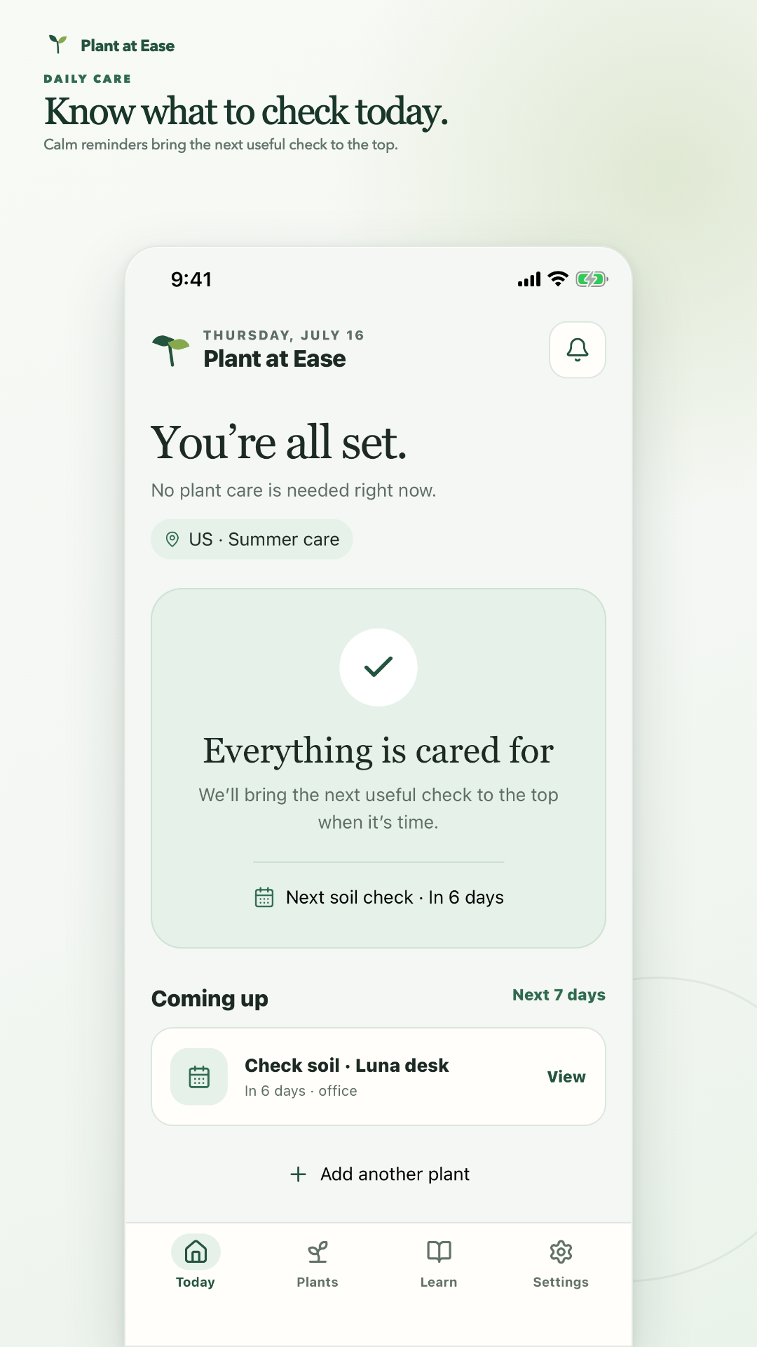 Plant at Ease Today screen showing the next useful soil check