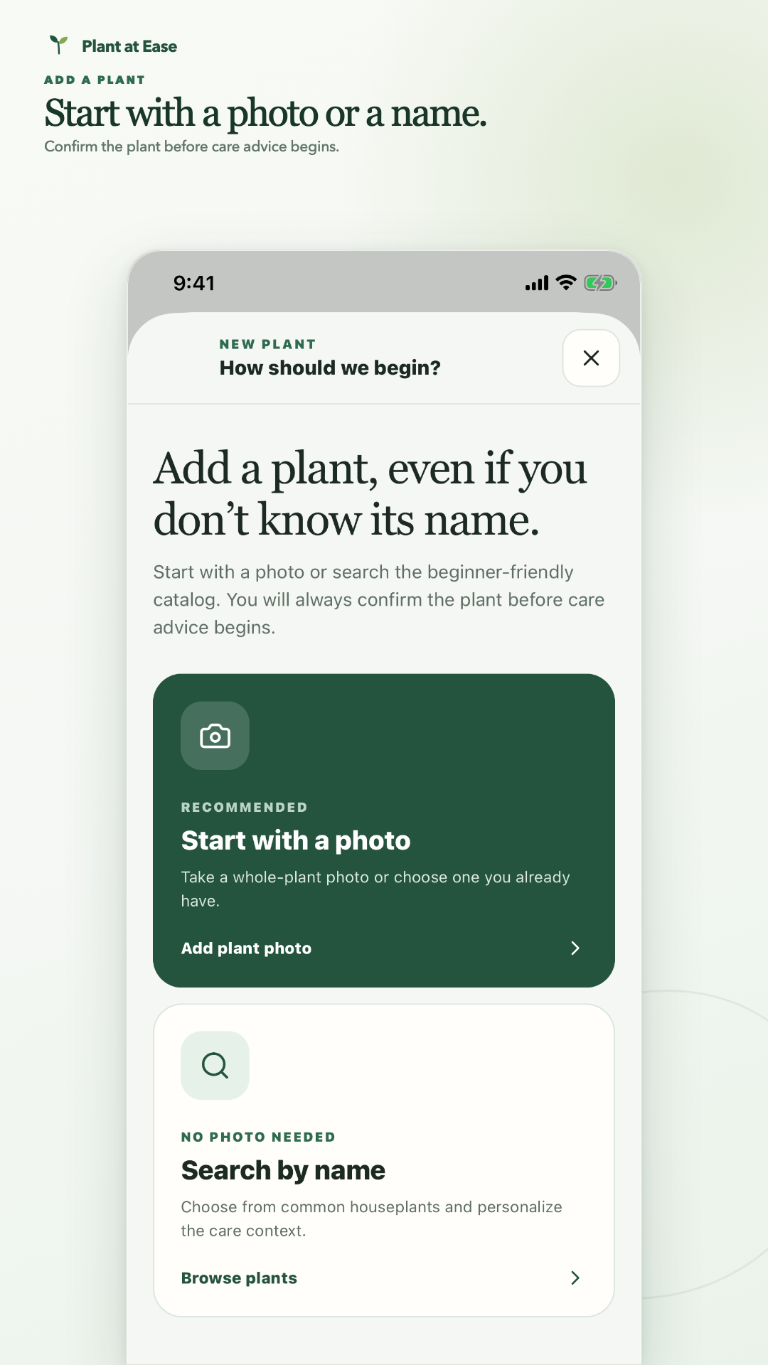 Plant at Ease Add Plant screen with photo and name options
