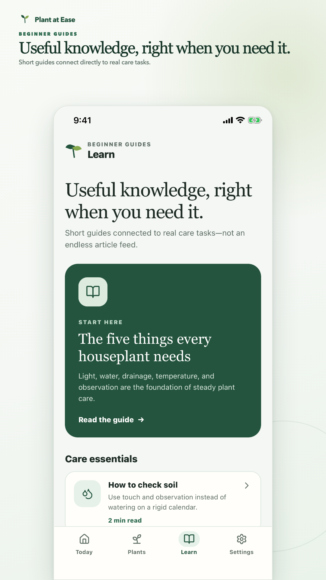 Plant at Ease Learn screen with beginner-friendly plant guides