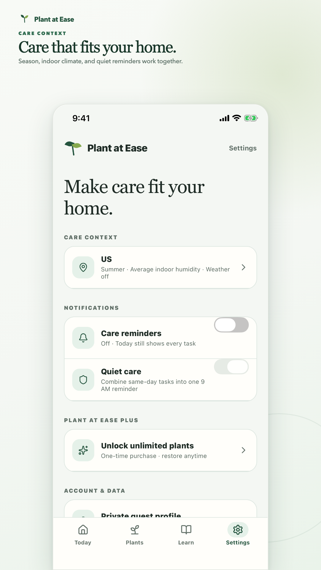 Plant at Ease care context screen for season, indoor climate, and optional weather