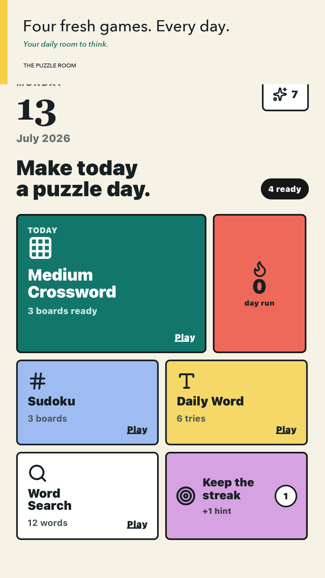 The Puzzle Room Today screen showing four daily games