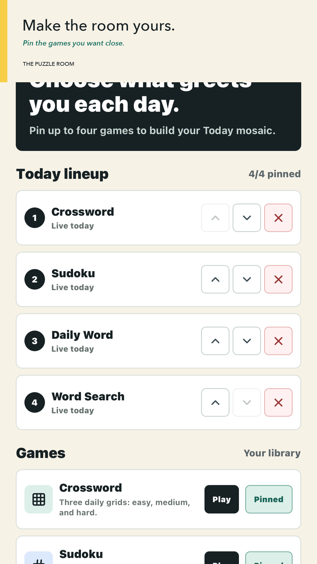 Games screen for customizing the daily puzzle lineup