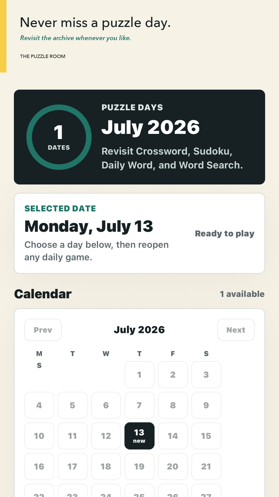 Days archive screen with a calendar of published puzzle sets