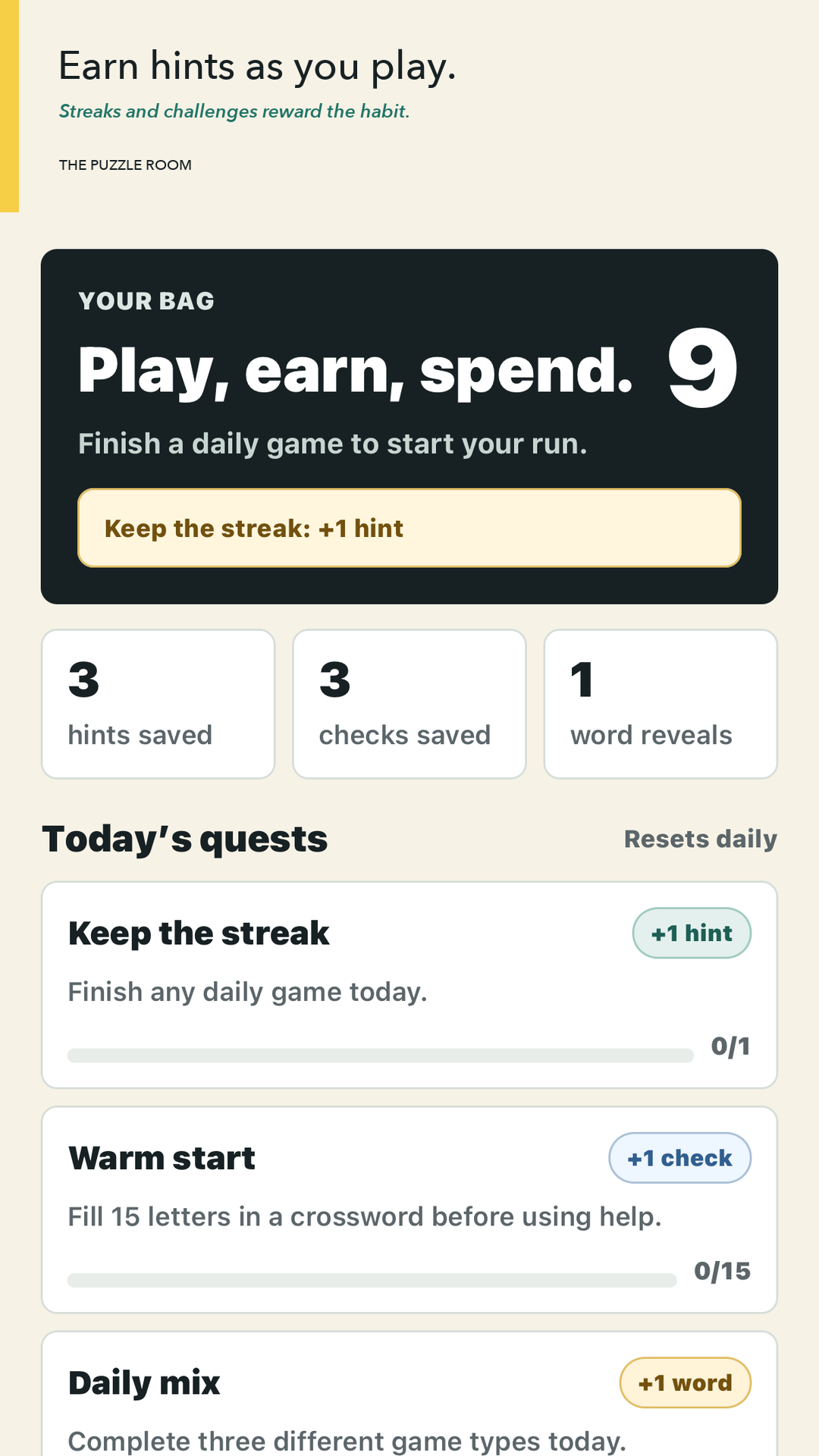 Bag screen showing challenges, hints, checks, and word reveals
