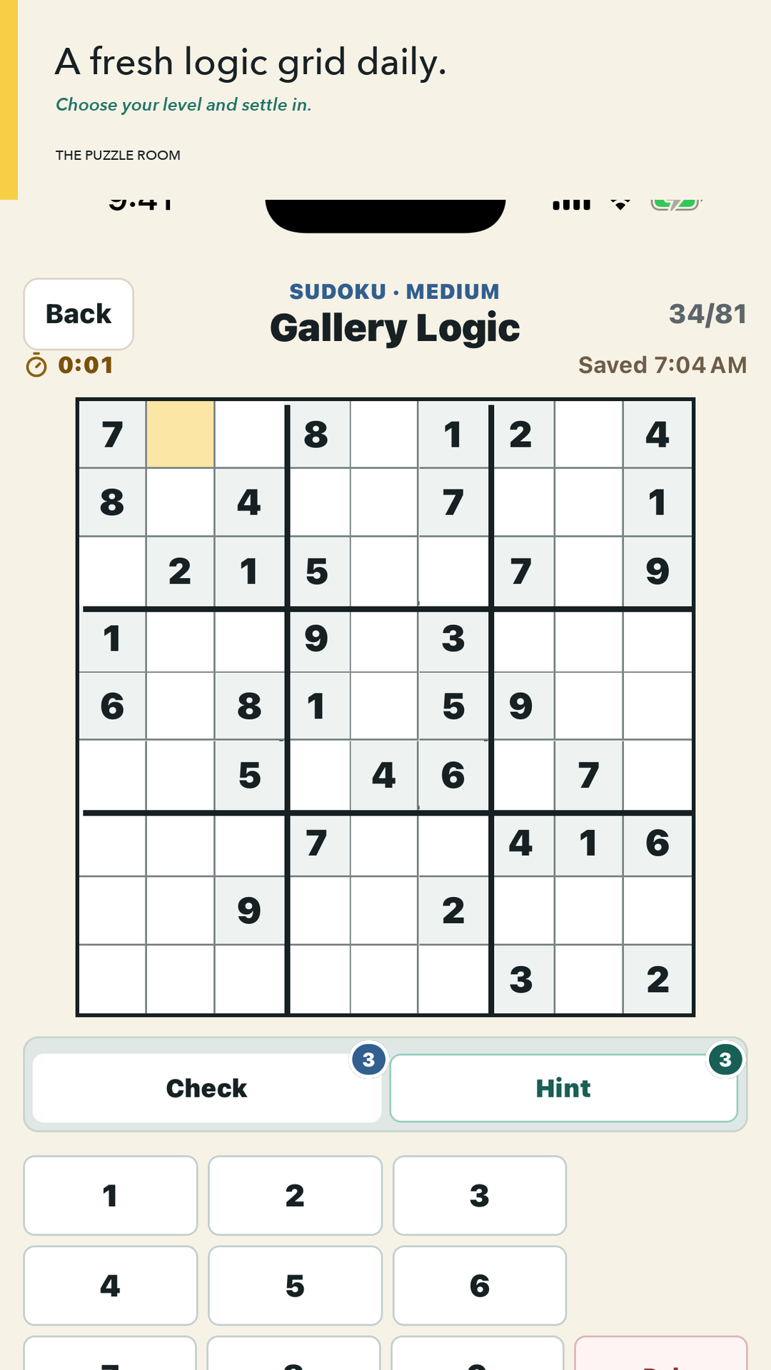 Daily Sudoku gameplay screen