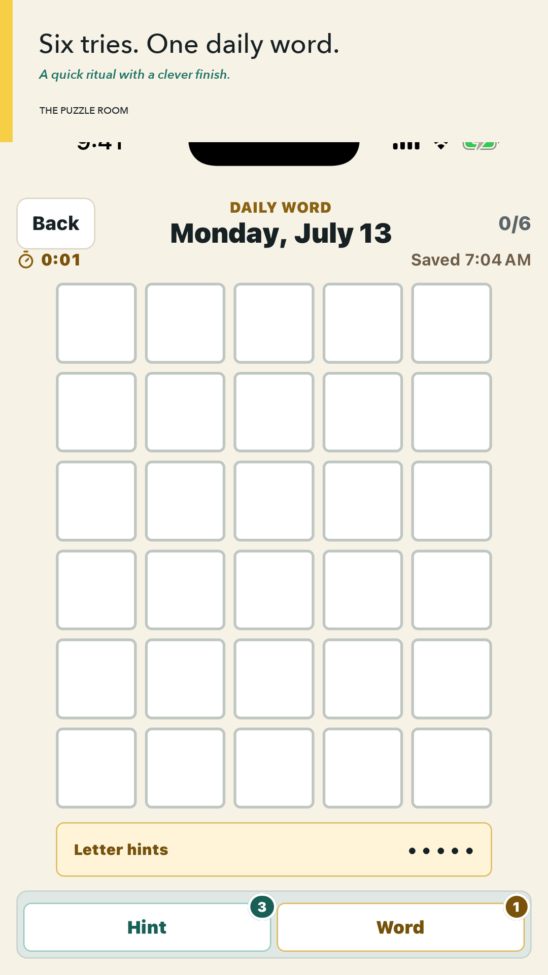 Six-try Daily Word gameplay screen