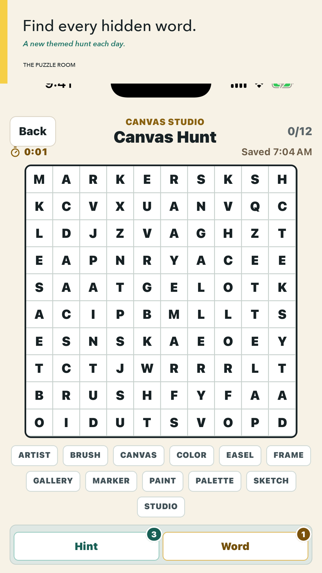 Themed daily Word Search gameplay screen